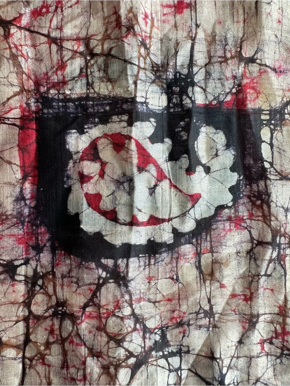 Handwoven Silk Scarf Batik Crackle Print Black Red Boho Indie Sleaze Wrap